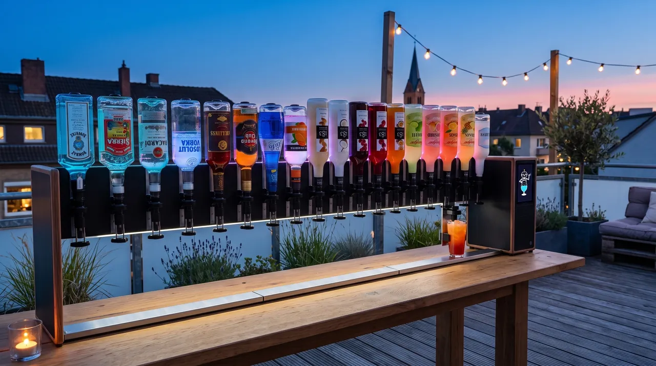 Leuchtende CocktailBot Cocktailmaschine mit 18 Flaschen auf einer Bar auf einer Dachterrasse in der blauen Stunde, Gäste im Hintergrund