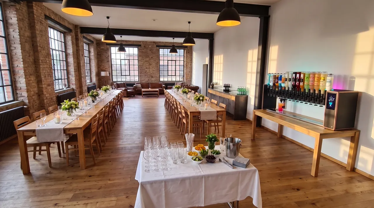 CocktailBot Cocktailmaschine mit 18 Flaschen auf einem Eichentisch an der Wand einer umgebauten Backsteinhalle beim Firmen-Sommerfest, lange gedeckte Banketttische, Bar-Tisch mit Gläsern und Garnituren, warmes Abendlicht