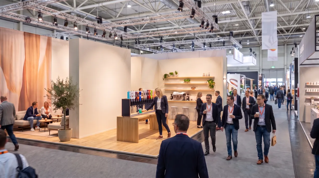 Standmitarbeiterin nimmt am Messestand einen Cocktail aus der CocktailBot Cocktailmaschine mit 18 Flaschen, Messebesucher in der Halle, warmes Spotlicht